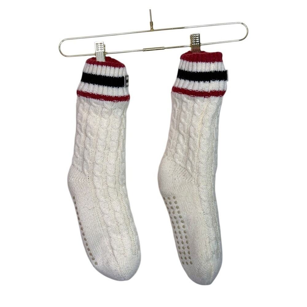 Hunter Womens Cable Knit Slipper Socks Cream Red Black Striped Grippers